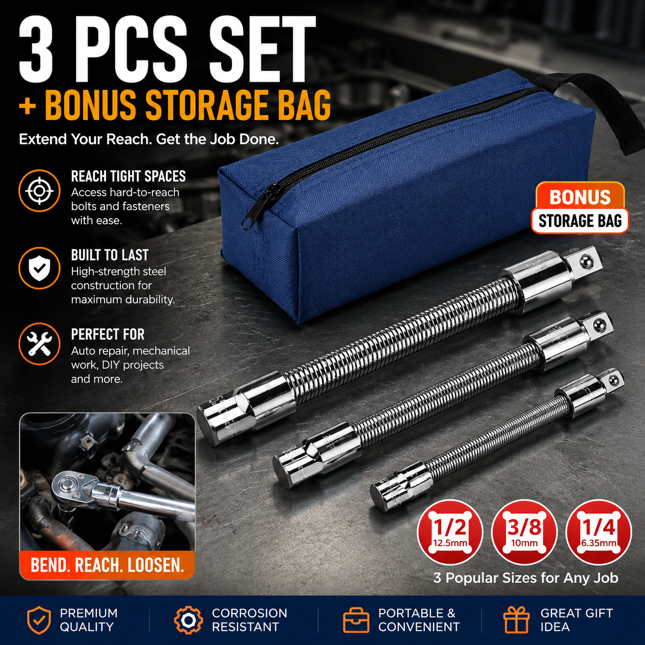 2026 Hot Sale💖1/2 Inch 35cm Socket Ratchet Wrench Set - 3 Bendable Shafts, Wrench Extender Tool, Connecting Rod
