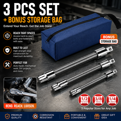 2026 Hot Sale💖1/2 Inch 35cm Socket Ratchet Wrench Set - 3 Bendable Shafts, Wrench Extender Tool, Connecting Rod