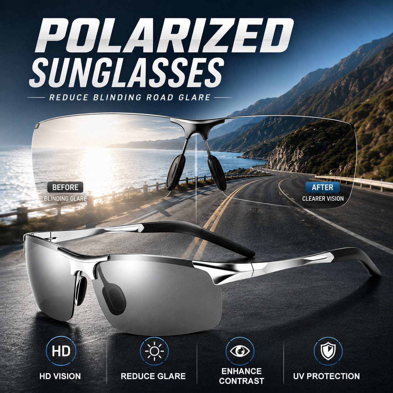 New-Photochromic Polarized Driving Sunglasses – Helps Reduce Glare Day & Night + FREE Glasses Pouch & Cleaning Cloth 🎁