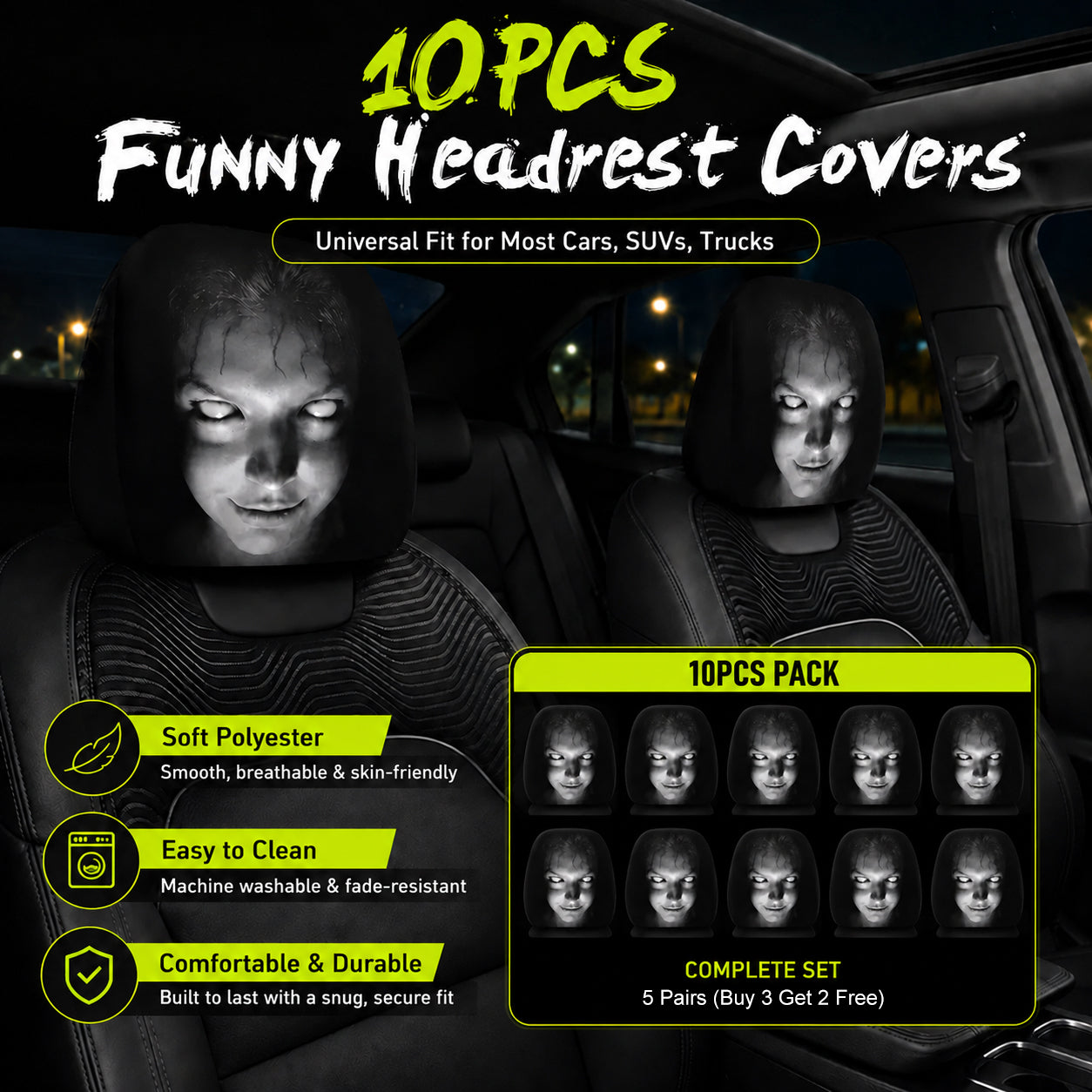 😆 Funny Cartoon Car Headrest Covers – 2PCS Universal Fit 🚗