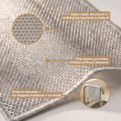 ODALIT Double-Layer Silver Wire Scrub Dishcloth – Tough on Grease, No Sponge Smell