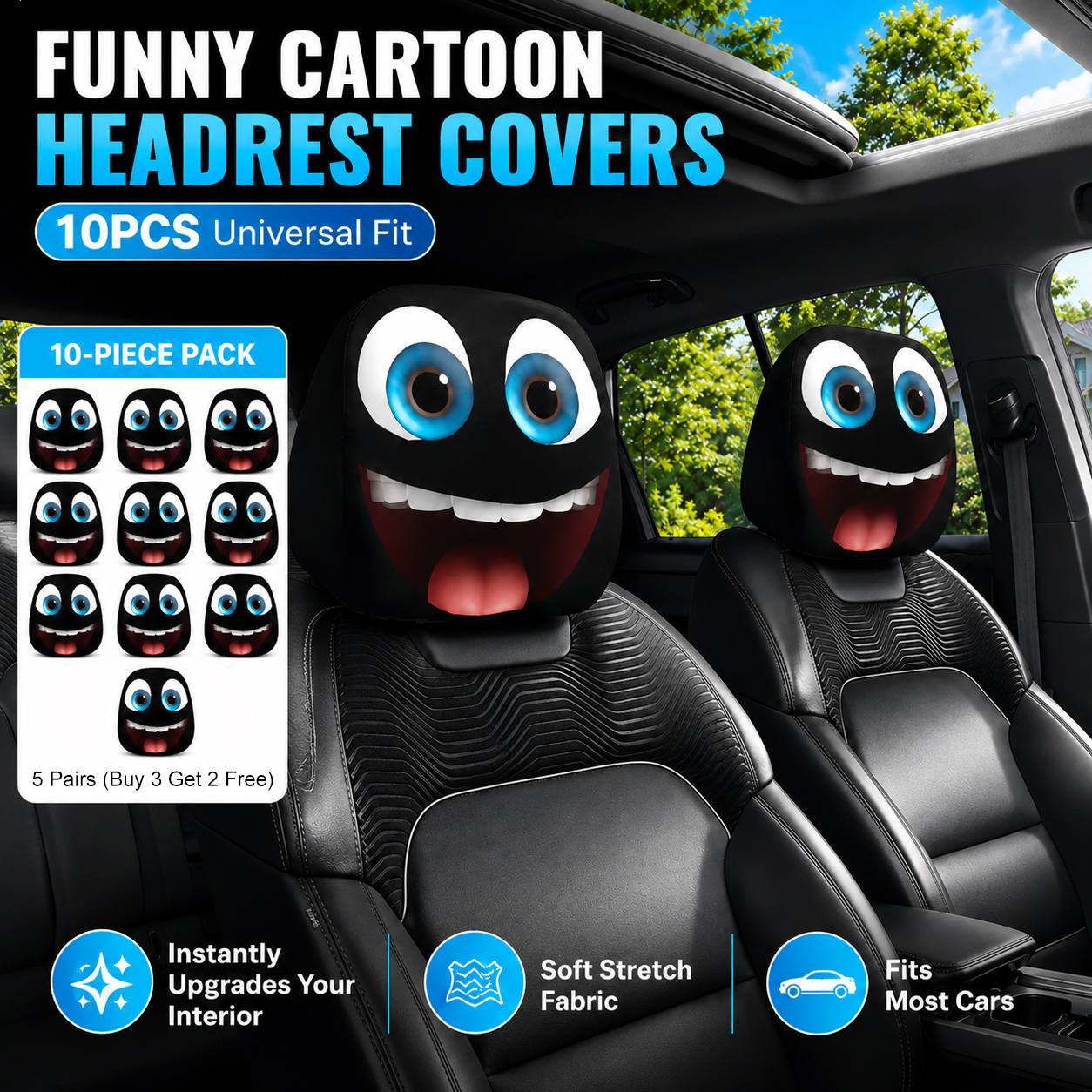 😆 Funny Cartoon Car Headrest Covers – 2PCS Universal Fit 🚗